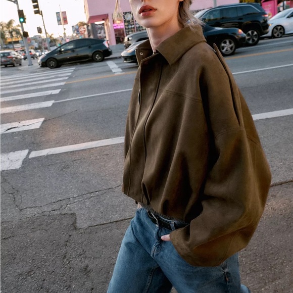 NWT Zara brown SUEDE EFFECT BOMBER JACKET - Picture 4 of 9